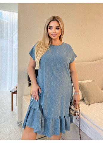 Світло-синя сукня софт з рюшами вільного фасону,рукав приспущений,великі розміри Україна
