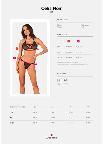 Черный демисезонный полупрозрачный комплект celia noir 2-pcs set m/l, бюстгальтер, стринги Obsessive