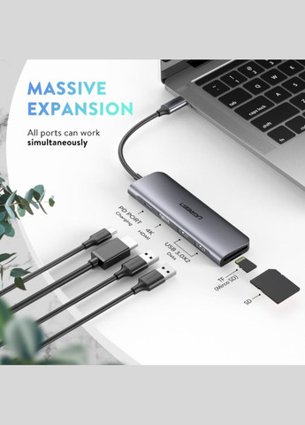 Хаб USBC to 2 Ports USB3.0-A Hub + HDMI + TF/SD with PD Power Supply (Space Gray) Ugreen (315143928)