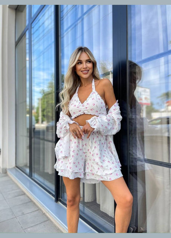 Жіночий трійка білий з квітковим принтом No Brand костюм (323214595)