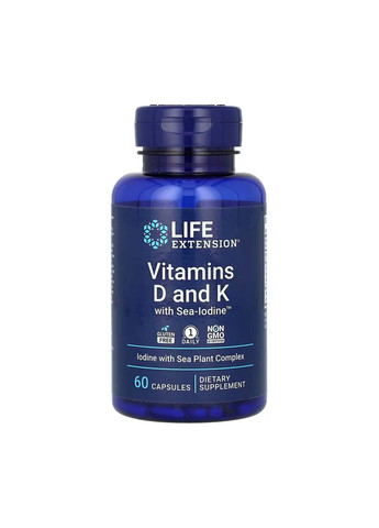 Витамины Д и К с морским йодом Vitamins D and K with Sea-Iodine™ - 60 капсул Life Extension (285790096)