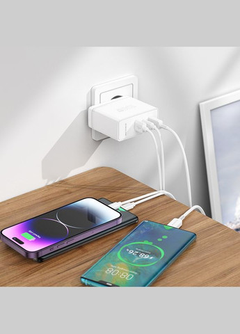 Зарядний пристрій із швидкою зарядкою + кабель Type-C BN11 |USB+2Type-C QC3.0/PD100W| Білий Borofone (337351547)