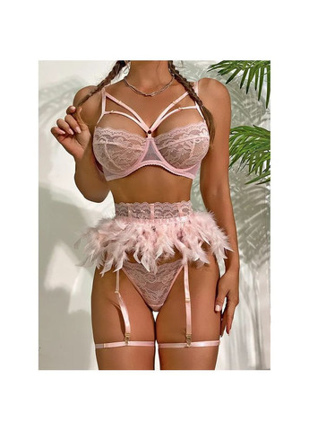 Рожевий демісезонний мереживний комплект із поясом з перами. мереживний комплект нижньої білизни з поясом-спідничкою No Brand
