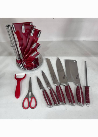 Набір ножів + ножиці на підставці (9 предметів) Zepline ZP-027 червоний, пластик, метал, нержавіюча сталь