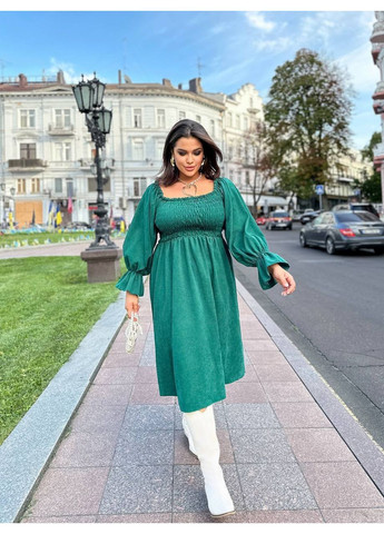 Зелена святковий, повсякденний, кежуал сукня міді вельвет бебі долл, з відкритими плечима Україна однотонна