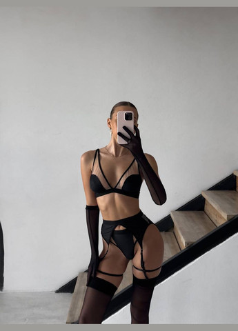 Черный демисезонный невероятно привлекательный комплект белья с перчатками Vakko