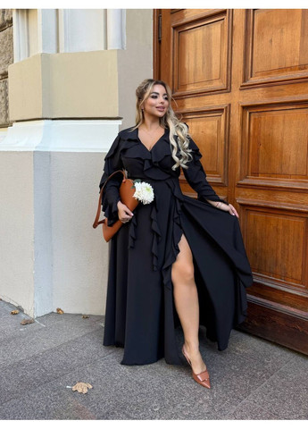 Черное праздничный, коктейльное, вечернее длинное платье с оборками а-силуэт Україна однотонное