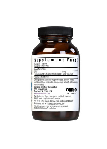 Стимулятор тестостерону Bluebonnet Intimate Essentials DHEA 25 mg, 60 вегакапсул Bluebonnet Nutrition (293421842)