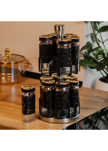 Набор для специй на подставке 12 баночек по 120 мл, Черный мрамор TS Kitchen (360456868)