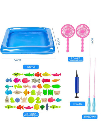 Набір іграшок для риболовлі з магнітним вудком, сачками, рибками та надувним басейном 40 шт. Bluelans (365721883)