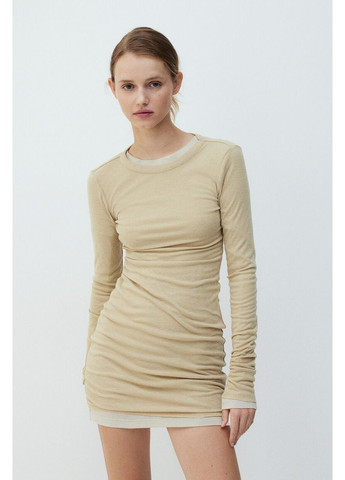 Бежева коротка бежева сукня з ребристого трикотажу з круглим вирізом -xs H&M однотонна