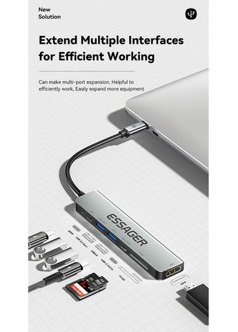 USBхаб 7 в 1 60W (Type-C 3.1 to 4K HDMI/SD/TF Card/PD Fast Charge) Essager (300523881)