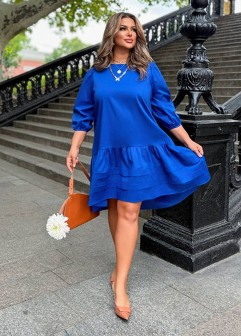 Синя повсякденний вишукана вільна міді сукня з рукавами ліхтарик три чверті та поясом в комплекті Allthings однотонна