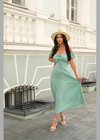 Фисташковое натуральное муслиновое (100% хлопок)платье-трансфомер, плечи можно приподнять или опустить, талия регулируется шнуровкой No Brand