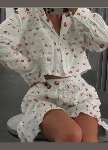 Біла ніжна принтована піжамка з натурального мусліну, приємна до тіла піжама-комплект (сорочка+шорти) No Brand 1123