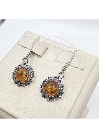Сережки срібні "Сонце" з медовим бурштином 3,66 г No Brand (388671270)