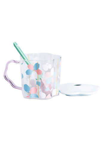 Чашка стеклянная 500 мл с ложкой и крышкой Голубой Happy Life (360455028)