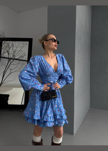 Блакитна кежуал легка жіноча сукня в квітковий принт з пишною спідницею Adelante з квітковим принтом