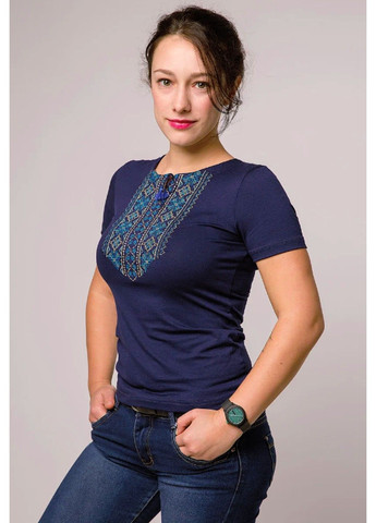 Темно-синя жіноча вишита футболка мережка бірюза, синя Lesia (335077547)