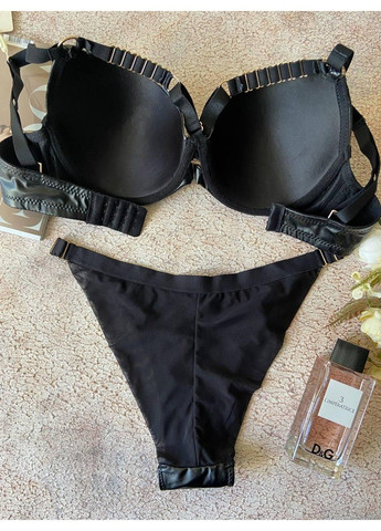 Черный черное женское нижнее белье на чашку д из эко-кожи, трусики и бюстгальтер с портупеей комплект Weiyesi