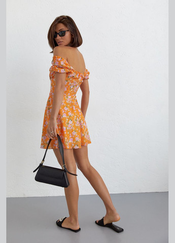 Оранжевое повседневный женское летнее платье мини в цветочный принт 6574 Lurex с цветочным принтом