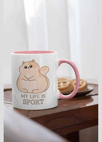 Чашка керамическая с принтом My Life is Sport 330 мл, белая с розовой ручкой No Brand (324264124)