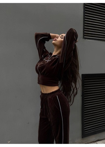 Жіночий велюровий костюм двійка: укорочена кофта на блискавці та брюки з високою посадкою MonCher (361146214)