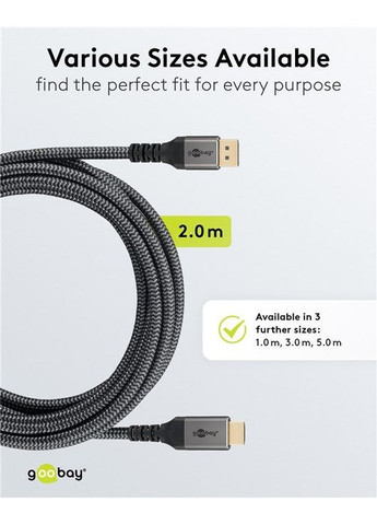 Кабель монитора сигнальный DisplayPort to HDMI M/M (папа/папа) (HDMIэкран) 2.0m 4K@60Hz 19+1pin D=6.0mm Textile Goobay (369646087)