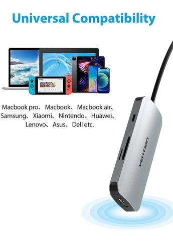 USB-хаб USB-C to HDMI/USB 3.0x3/SD/TF/PD Docking Station Gray 0.15M Aluminum Alloy Type Vention (371362626)