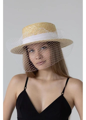 Солом'яний капелюх Канотьє з білою вуаллю D.Hats (388976396)
