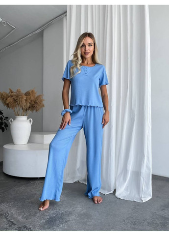 Голубая всесезон женский домашний комплект тройка (топ+резинка+штаны) Fashion