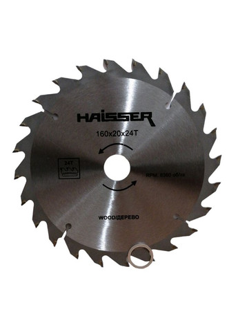 Пильний диск по дереву 160 х 20мм, 24 зуби + кільце 16мм 16483 (HS109003/4311621) Haisser (291986164)