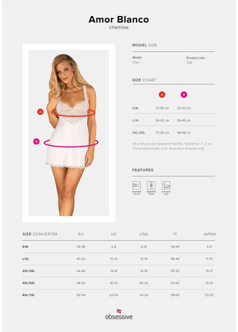 Сорочка Amor Blanco underwire chemise & thong white S/M Obsessive (369369348)