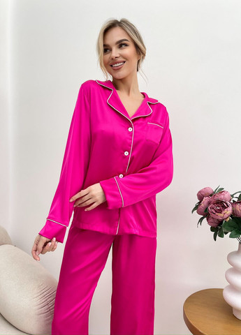 Малиновая всесезон шелковые пижамы женские с белым кантом (рубашка + штаны) рубашка + брюки No Brand
