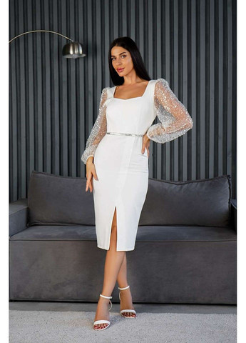 Молочна коктейльна сукня бісерні рукави 24084 молочна Tanita-Romario