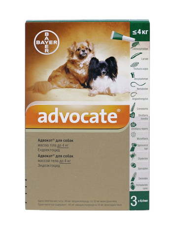 Краплі Адвокат від заражень ендо та екто паразитами для собак до 4 кг 3 піпетки (4007221037408/2000981007560) Bayer (308894036)
