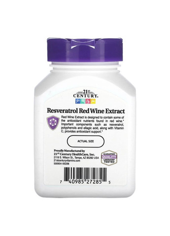 Ресвератрол с экстрактом красного вина, 200 мг, Resveratrol Red Wine Extract,, 90 капсул 21st Century (343053096)