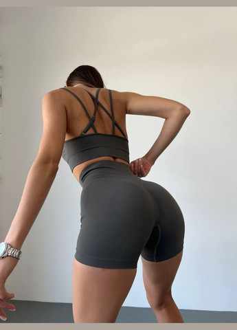 Спортивный костюм (топ на бретелях и шорты) с пуш-ап эффектом темно-серого цвета, размер S Trends (330757115)