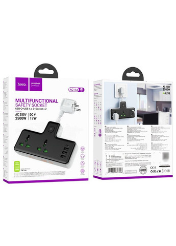 Сетевое зарядное устройство удлинитель AC11A 3 USB/ Type-C 2 розетки черное Hoco (373641327)