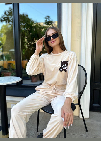 Шикарный бежевый плюшевый комбинезон с вышитым мишкой на груди, качественный повседневный велюровый комбинезон No Brand 141 (282742538)