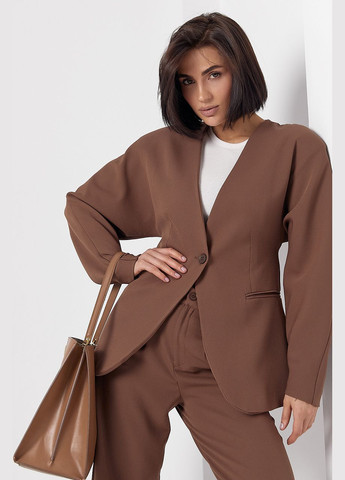 Коричневый женский классический жакет без воротника с имитацией карманов Lurex - демисезонный