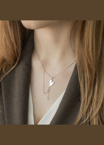 Комплект срібний подовжене Серце сережки пусети та кольє з білими фіанітами Каштан (342335265)