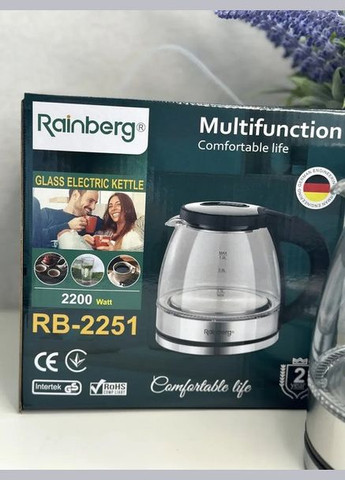 Электрочайник RB-2251 стеклянный дисковый чайник с LED подсветкой 1л 2200Вт Черный Rainberg (342392378)