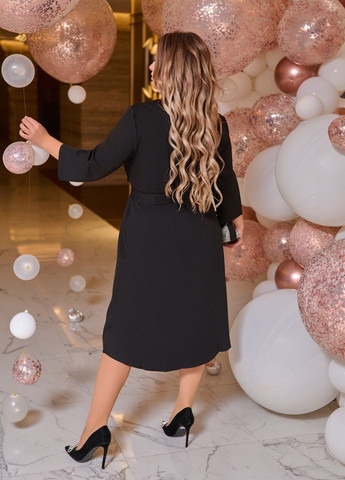 Черное повседневный, вечернее, праздничный платье-миди с длинными рукавами на запах, а-силуэт No Brand однотонное