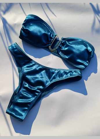 Синій жіночий роздільний купальник бандо з металевим декором атласний golden touch коричневий No Brand