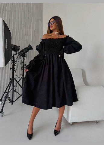 Черное кэжуал платье из вельвета на резинке No Brand однотонное