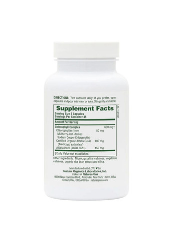 Натуральная добавка Chlorophyll Complex, 90 капсул Natures Plus (293419926)