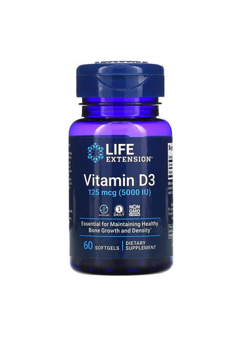 Вітамін Д3 Vitamin D3 125мкг (5000 IU) - 60 софтгель Life Extension (285813540)