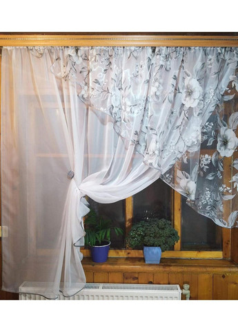 Фіранка коротка Фая біла яблуневий цвіт сірий права No Brand (372133853)