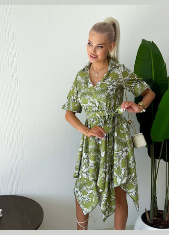 Зелена повсякденний жіноча асиметрична сукня кльош Україна з квітковим принтом